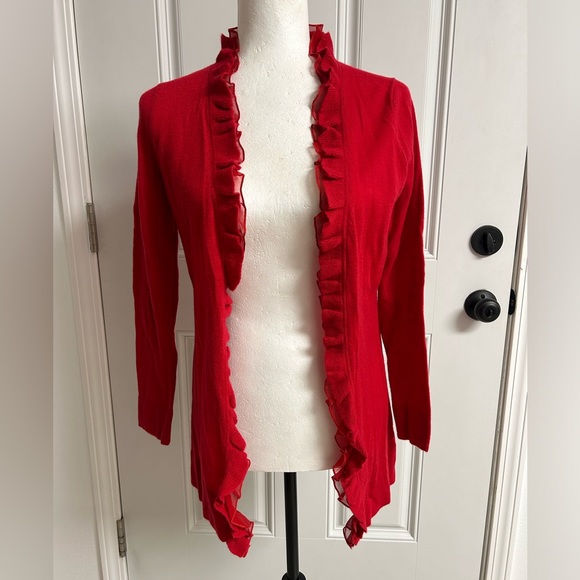 Neiman Marcus Cherry Red Cashmere Ruffled Long Cardigan Small - Picture 1 of 5